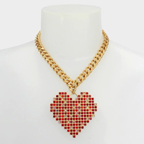 NWT Betsey Johnson Heart Necklace - Pink & Red Rhinestone Heart Thick Gold Chain